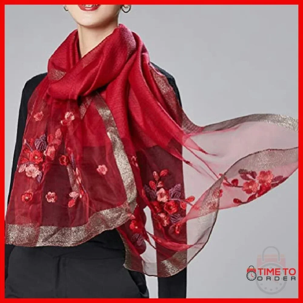 Large Silk Blend Scarf Shawl Wrap 75x28 Inches Lightweight Embroidered
